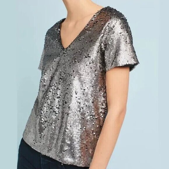 Anthropologie Tops - Anthropologie Vanessa Virginia Top Sequin V Neck Silver Black
